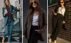 Trzy kobiety prezentują elegancki workwear style: garnitur w odcieniu szarości, brązowa marynarka z białym topem i czarne spodnie z satynową bluzką.