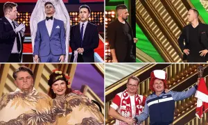 Kabareciarze polscy w różnych skeczach: od eleganckich garniturów po zabawne stroje.