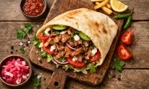 Duży kebab z mięsem, warzywami i sosem na desce, obok frytki i sosy.