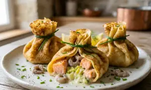 Trois aumônières froides, entrées élégantes garnies de saumon, crevettes et poireaux dans une sauce crémeuse, liées par de la ciboulette.