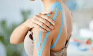 Schulter mit blauem Kinesio-Tape, das den Bereich des plexus brachialis unterstützt.
