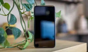 Czarny ekran telefonu, który się wyłącza mimo naładowanej baterii, otoczony zielonymi liśćmi rośliny.
