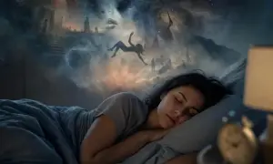 Una donna dorme mentre nel cielo onirico fluttuano figure, scale e un orologio, evocando il significato dei sogni nella psicologia.