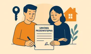Para kupuje mieszkanie. Mężczyzna podpisuje umowę przedwstępną sprzedaży mieszkania, a obok widać klucz i dom.