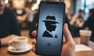 Telefon w trybie prywatnym. Ikona detektywa z kłódką i przekreślonym okiem symbolizuje bezpieczeństwo i anonimowość.