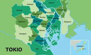 Mapa przedstawia podział administracyjny Tokio, pokazując dzielnice takie jak Shibuya, Shinjuku i Minato. Gdzie jest Tokio? Na tej mapie zobaczysz jego serce.