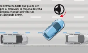 Ilustración de un coche azul aparcando en línea entre dos coches grises.