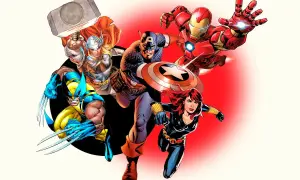 Los Vengadores, liderados por el Capitán América, se preparan para la acción: Thor, Iron Man, Wolverine y Black Widow.
