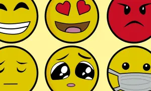 Różne emotikonki pokazują znaczenie emotikonek w telefonie: radość, miłość, złość, smutek, błaganie i chorobę.