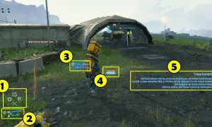 Death Stranding poradnik: Sam w namiocie, z ekwipunkiem i informacjami o trasach kurierów.