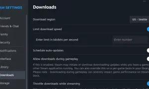 Ustawienia pobierania w Steam: region, limit prędkości, automatyczne aktualizacje.