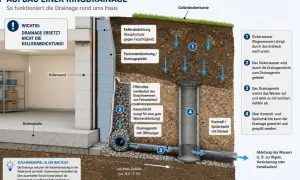 Schema einer Ringdrainage um ein Haus. Sie leitet Sickerwasser ab und unterstützt die Kellerabdichtung.