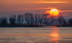 Zachód słońca nad zamarzniętym jeziorem. fotografia krajobrazowa z nagimi drzewami i trzcinami na brzegu.