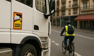 Autocollant "Angles Morts" sur un poids lourd, rappelant l'équipement obligatoire pour la sécurité des cyclistes en ville.