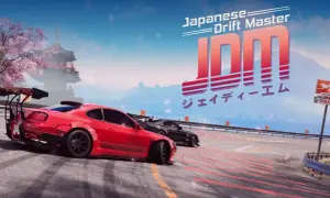 JDM Japanese Drift Master: czerwony i czarny samochód driftują na torze wyścigowym, w tle japońska pagoda i kwitnąca wiśnia.