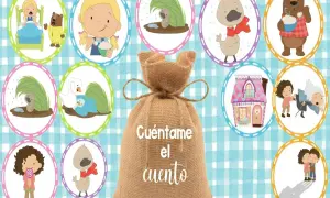 Bolsa de arpillera con la frase "Cuéntame el cuento", rodeada de ilustraciones de cuentos populares: osos, patitos, cisnes, niños y una casita.