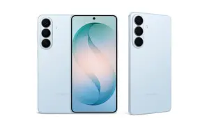 Trzy telefony Samsung S26 w kolorze jasnoniebieskim, prezentujące potrójny aparat i ekran z abstrakcyjną grafiką. Premiera Samsung S26 już wkrótce!