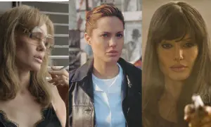 Kolaż zdjęć z filmów z Angeliną Jolie: w okularach z papierosem, w skórzanej kurtce i z bronią.