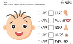 Hoja de actividades para niños sobre partes del cuerpo en inglés. Muestra una cara sonriente y lista para completar cuántas orejas, boca, nariz, pelos y ojos tiene.