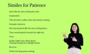 Una mujer sonríe y señala el texto "Similes for Patience", que incluye frases de esperar algo de alguien, como "patient like the stars circling above".