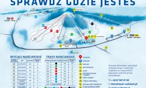 Mapa ośrodka narciarskiego Hańcza z trasami, wyciągami, parkingami i punktami usługowymi.