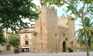 Kamienne mury Alcudia stare miasto, z palmami i budynkami w tle.