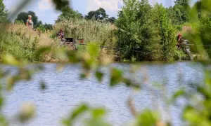 Wędkarze nad jeziorem w otoczeniu zieleni, łowią ryby metodą No Kill.