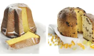 Un pandoro étoilé saupoudré de sucre glace à gauche, et un panettone aux fruits confits à droite.