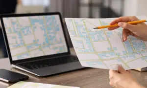 Mano con matita analizza mappa con edifici, simile a una **categoria catastale B4**, accanto a un laptop con mappa digitale.