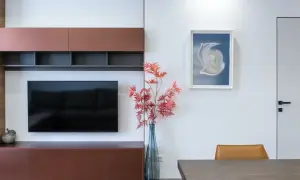 En modern inredning med en stor TV och flera tavlor runt om. En vas med röda höstblad står bredvid.