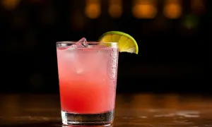 En rosa paloma drink med is och en limeklyfta, perfekt för en varm sommarkväll.
