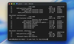 Terminal z listą partycji dyskowych i poleceniem `sudo fsck -fy /dev/disk4s2`. Widać partycje APFS i EFI.