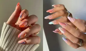 Manucure aux motifs abstraits et ondulés, un nail art vague coloré et pastel avec des touches dorées.