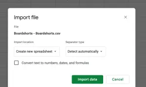 Ventana de importación de archivo CSV "Boardshorts.csv". Se puede crear una nueva hoja de cálculo o detectar el separador automáticamente.