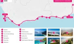 Karte der Garden Route in Südafrika mit 13 Stationen, von Kapstadt bis zum Addo Elephant Nationalpark. Tolle Garden Route Tipps für Ihre Reise!