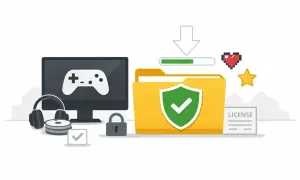 Bezpieczne pobieranie gier na PC pełne wersje. Komputer, słuchawki, dyski, folder z licencją i ikonki gier.