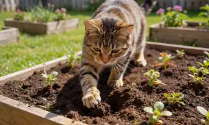 En randig katt smyger i en köksträdgård. Kaffesump mot katter kan vara ett bra sätt att skydda dina plantor.