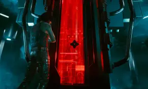 Postać w skórzanych spodniach patrzy na pulsujący czerwony rdzeń. Czy to klucz do sekretnego zakończenia cyberpunk?