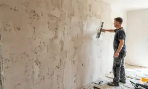 Un homme applique de l'enduit sur un mur texturé, prêt à peindre un mur déjà peint sans poncer.