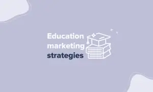 Grafika z hasłem "Education marketing strategies" i ikoną stosu książek z czapką absolwenta. To reklama edukacyjna.