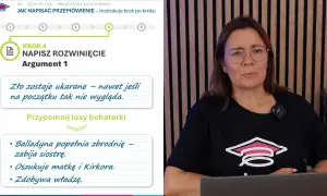 Kobieta w okularach i czarnej koszulce z symbolem czapki absolwenta, obok planszy z instrukcją pisania rozprawki.