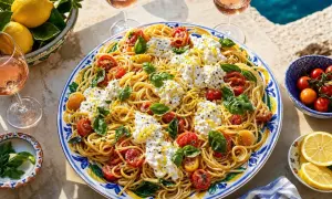 Spaghetti all'assassina, un plat de pâtes aux tomates cerises, burrata crémeuse et basilic frais, arrosé d'huile d'olive et de zeste de citron.