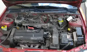 Silnik Toyota Yaris 1.3 benzyna, zaznaczony filtr paliwa. Widok komory silnika z elementami: akumulator, bezpieczniki, komputer, przekaźniki.