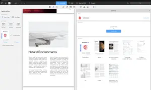 Jak połączyć pliki PDF? Interfejs programu do edycji PDF pokazuje opcje układu strony, podziału widoku i ostatnio otwierane dokumenty, sugerując sposób na scalenie plików.