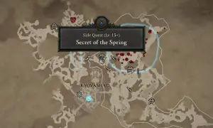 Mapa z gry Diablo 4, zaznaczona misja poboczna "Tajemnice źródła" (Secret of the Spring) w okolicach Kyovashad.