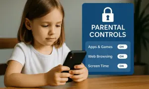 Dziewczynka z telefonem, obok panel z napisem "PARENTAL CONTROLS" i opcjami "Apps & Games", "Web Browsing", "Screen Time" włączonymi. Dowiedz się, jak włączyć kontrolę rodzicielską.