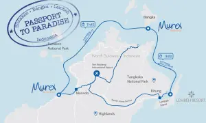 Karte für Sulawesi Backpacking: Route von Manado über Bangka nach Lembeh Island. Inklusive Flugzeit und Fährverbindungen.
