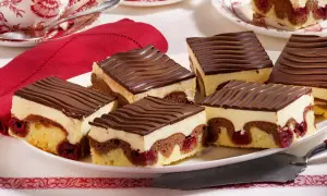 Süße Donauwelle-Stücke mit Kirschen, Sahne und Schokoglasur. Ein köstliches Donauwelle Rezept für Genießer.