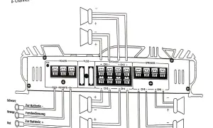 Schema di impianto stereo auto a 6 canali: collegamenti di alimentazione, fusibile, altoparlanti e controllo remoto.