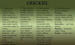 Cechy tragedii antycznej: zasada trzech jedności, konflikt tragiczny, rola chóru, budowa dramatu (prologos, parodos, epeisodion, stasimon, exodos).
